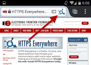 HTTPS Everywhere toggle for switching the extension on and off on Firefox Browser for Android | Image credit: EFF